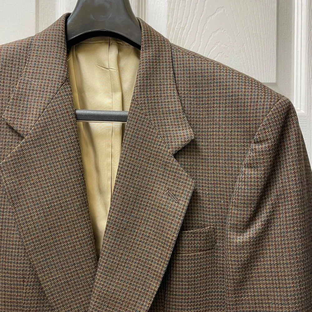 VTG Oscar‎ de la Renta Men's 42L Houndstooth Blazer 100% Wool Brown, Tan, Blue